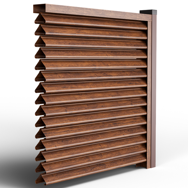 dettaglio sezione pannello da giardino frangivista collezione PIRAMIDE colore effetto legno mogano