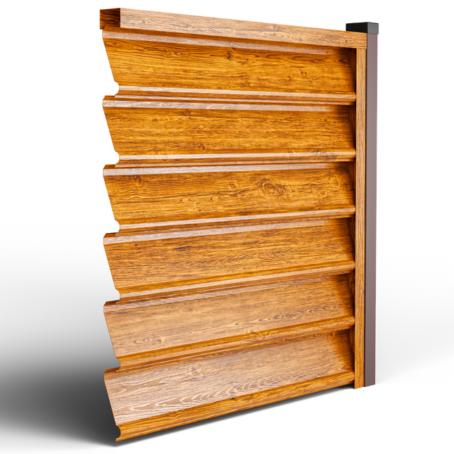 dettaglio pannello frangivista effetto legno dorato in acciaio