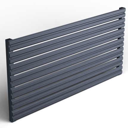 dettaglio steccato doghe orizzontali frangivista giardino in acciaio zincato grigio, bordo e fissaggi visibili