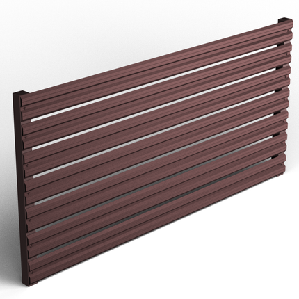 Dettaglio doghe orizzontali frangivista giardino in acciaio zincato effetto marrone cioccolato, bordo e fissaggi visibili