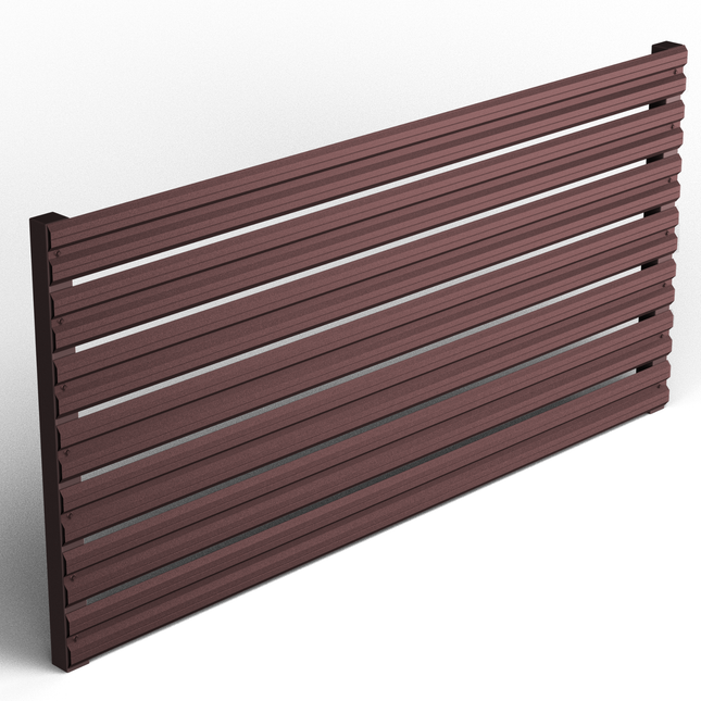 Dettaglio doghe orizzontali frangivista giardino in acciaio zincato effetto marrone cioccolato, bordo e fissaggi visibili